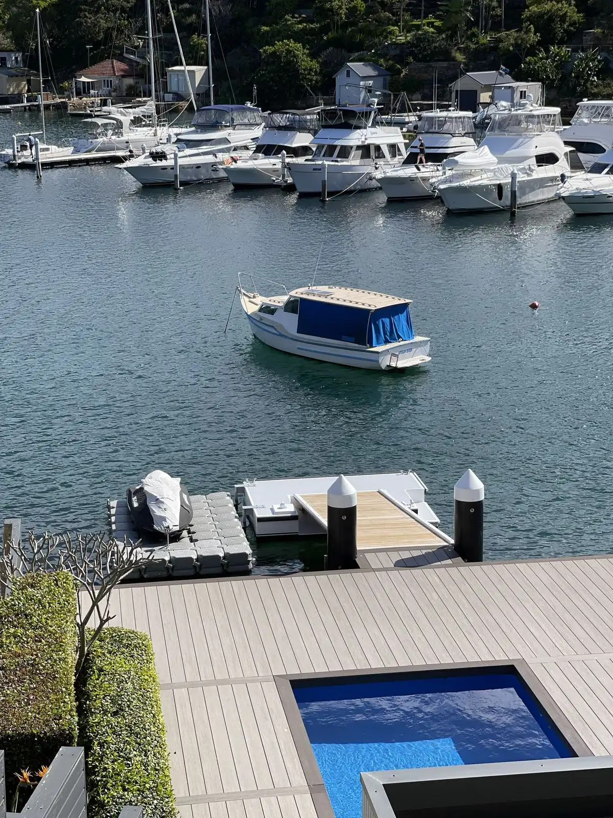 Completed Kingtide Marine composite deck and plunge pool overlooking moored boats